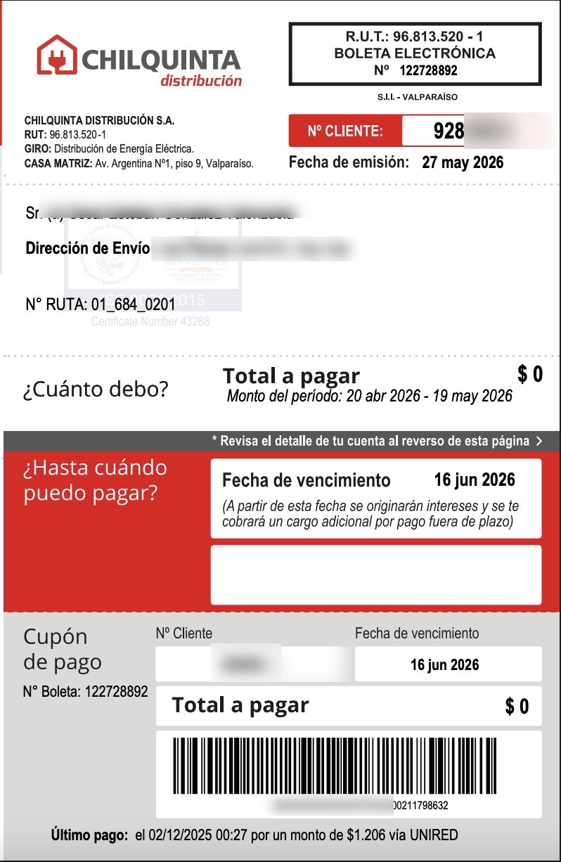 Boleta eléctrica real de un cliente AYUDELEC con total a pagar $0